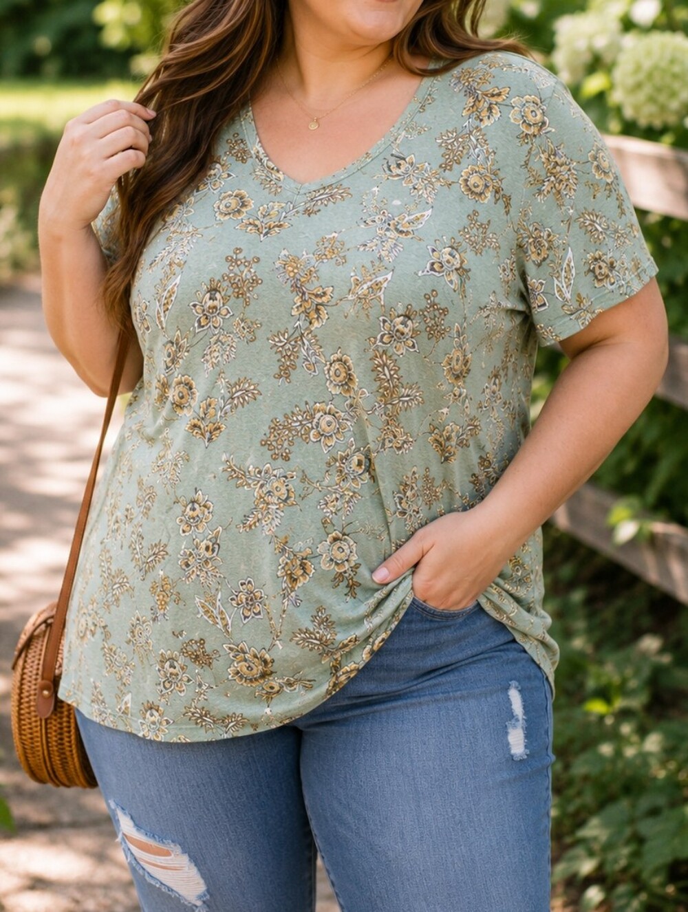 Penningtons Sage Green Floral Scoop Neck Tee Plus Size Stretchy Boho Cottagecore